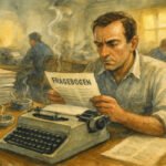 Ein ernster Mann sitzt an einem Schreibtisch mit einer Schreibmaschine und liest inmitten von Papierstapeln und einem Aschenbecher einen FRAGEBOGEN. In dem verrauchten, überfüllten Büro - wie es sich für eine echte Pressevielfalt gehört - verrichten andere Arbeiter im Hintergrund ihre Arbeit.
