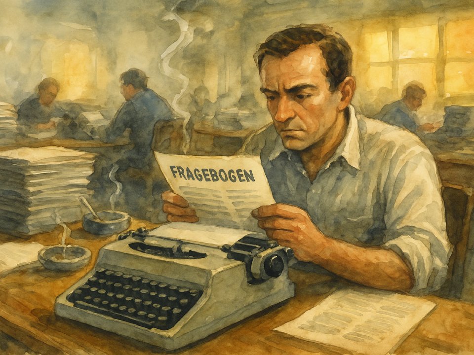 Ein ernster Mann sitzt an einem Schreibtisch mit einer Schreibmaschine und liest inmitten von Papierstapeln und einem Aschenbecher einen FRAGEBOGEN. In dem verrauchten, überfüllten Büro – wie es sich für eine echte Pressevielfalt gehört – verrichten andere Arbeiter im Hintergrund ihre Arbeit. Ein ernster Mann sitzt an einem Schreibtisch mit einer Schreibmaschine und liest inmitten von Papierstapeln und einem Aschenbecher einen FRAGEBOGEN. In dem verrauchten, überfüllten Büro - wie es sich für eine echte Pressevielfalt gehört - verrichten andere Arbeiter im Hintergrund ihre Arbeit.