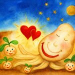 Eine lächelnde Kartoffel mit Armen umarmt zwei rote Herzen, umgeben von vier glücklichen Kartoffelsprossen unter einem Nachthimmel mit Sternen und einer Mondsichel. Diese bunte, skurrile Szene fängt die Freude an der Kartoffelernte ein.