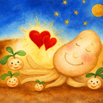 Eine lächelnde Kartoffel aus der Kartoffelernte umarmt glückliche Babykartoffeln unter einem Nachthimmel mit Sternen und einem Mond; zwei rote Herzen leuchten hell über ihnen und suggerieren Liebe und Wärme.