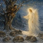 Ein leuchtender Engel streckt seine Hand nach einem Mann aus, der sich in einem Baum versteckt, während unter ihm in einem winterlichen Wald bei Nacht Wölfe auf dem verschneiten Boden schlafen – ein Anblick, der das friedliche Geheimnis der Geburt eines göttlichen Kindes heraufbeschwört.