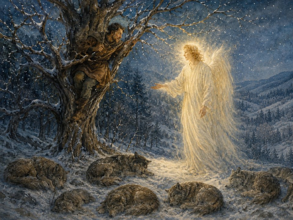 Ein leuchtender Engel streckt seine Hand nach einem Mann aus, der sich in einem Baum versteckt, während unter ihm in einem winterlichen Wald bei Nacht Wölfe auf dem verschneiten Boden schlafen – ein Anblick, der das friedliche Geheimnis der Geburt eines göttlichen Kindes heraufbeschwört. Ein leuchtender Engel streckt seine Hand nach einem Mann aus, der sich in einem Baum versteckt, während unter ihm in einem winterlichen Wald bei Nacht Wölfe auf dem verschneiten Boden schlafen – ein Anblick, der das friedliche Geheimnis der Geburt eines göttlichen Kindes heraufbeschwört.