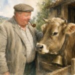 Ein lächelnder älterer Mann mit einer flachen Hollimarti-Mütze und einer Jacke steht neben einer braunen Kuh mit einer Glocke um den Hals und berührt sanft ihren Kopf. Der Mann hat eine Pfeife im Mund und sie stehen draußen in der Nähe einer Holzkonstruktion.