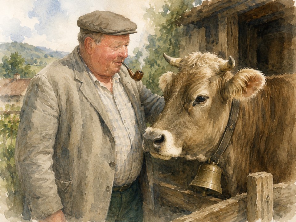 Ein lächelnder älterer Mann mit einer flachen Hollimarti-Mütze und einer Jacke steht neben einer braunen Kuh mit einer Glocke um den Hals und berührt sanft ihren Kopf. Der Mann hat eine Pfeife im Mund und sie stehen draußen in der Nähe einer Holzkonstruktion. Ein lächelnder älterer Mann mit einer flachen Hollimarti-Mütze und einer Jacke steht neben einer braunen Kuh mit einer Glocke um den Hals und berührt sanft ihren Kopf. Der Mann hat eine Pfeife im Mund und sie stehen draußen in der Nähe einer Holzkonstruktion.