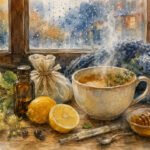 Eine dampfende Tasse Kräutertee mit einem Thymianzweig steht an einem verregneten Fenster. In der Nähe sorgen Zitronen, Honig und Kräuter für die nötige Gemütlichkeit, wenn der November hustet - eine heilende Szene mit Schal, Thermometer und sanfter Ruhe.
