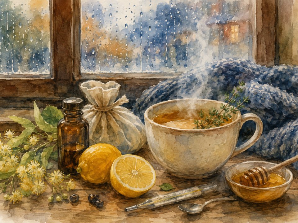 Eine dampfende Tasse Kräutertee mit einem Thymianzweig steht an einem verregneten Fenster. In der Nähe sorgen Zitronen, Honig und Kräuter für die nötige Gemütlichkeit, wenn der November hustet – eine heilende Szene mit Schal, Thermometer und sanfter Ruhe. Eine dampfende Tasse Kräutertee mit einem Thymianzweig steht an einem verregneten Fenster. In der Nähe sorgen Zitronen, Honig und Kräuter für die nötige Gemütlichkeit, wenn der November hustet - eine heilende Szene mit Schal, Thermometer und sanfter Ruhe.