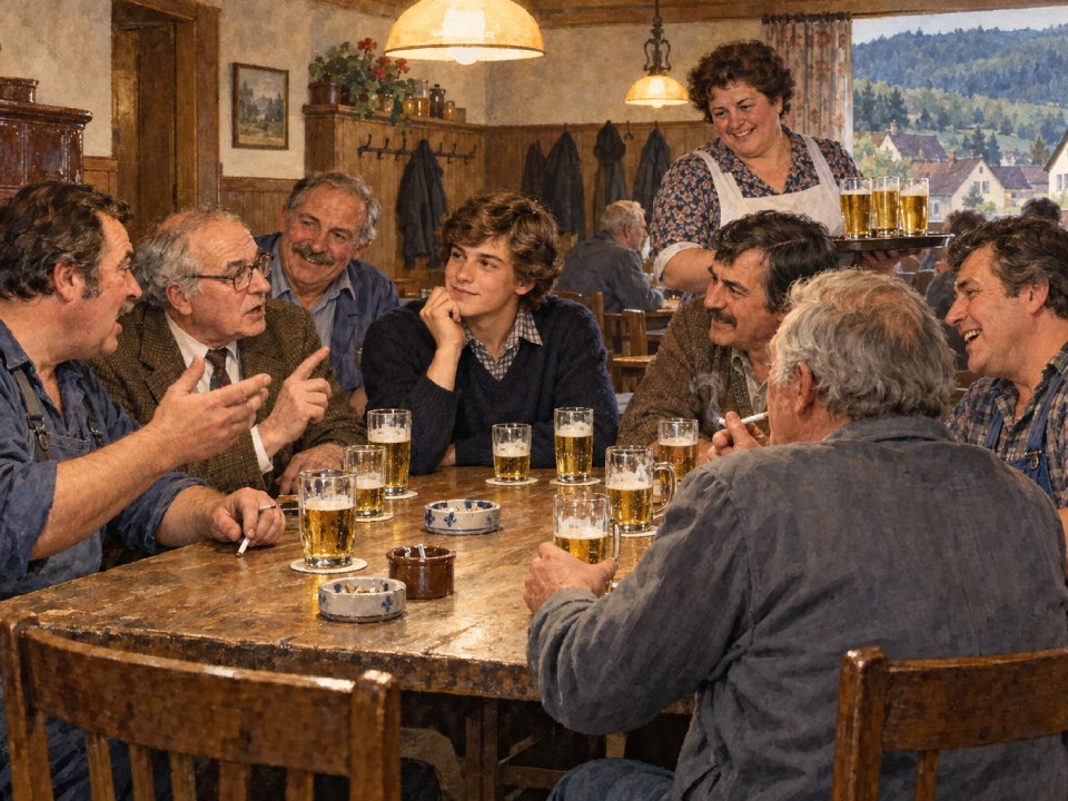 Sieben Menschen sitzen in einer gemütlichen Kneipe um einen Holztisch herum, lachen und unterhalten sich bei einem Bier, während der warme Schein der Kameradschaft den Raum erfüllt. Neben ihnen steht eine lächelnde Frau mit einem Tablett voller weiterer Getränke, während im Hintergrund leise lebhafte Stammtischmelodien erklingen. An der Wand hängen Mäntel, und durch ein Fenster blickt man auf ein malerisches Dorf draußen. Sieben Menschen sitzen in einer gemütlichen Kneipe um einen Holztisch herum, lachen und unterhalten sich bei einem Bier, während der warme Schein der Kameradschaft den Raum erfüllt. Neben ihnen steht eine lächelnde Frau mit einem Tablett voller weiterer Getränke, während im Hintergrund leise lebhafte Stammtischmelodien erklingen. An der Wand hängen Mäntel, und durch ein Fenster blickt man auf ein malerisches Dorf draußen.