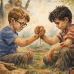 Zwei Jungen sitzen im Freien und ringen mit ausdrucksstarken Gesichtern, ihre Hände und Arme sind blutig - eine düstere Szene, die die Kunst des Scheiterns einfängt. Eine kleine Menschenmenge beobachtet, wie Werkzeuge und Holzbretter in der Nähe im Gras verstreut liegen.