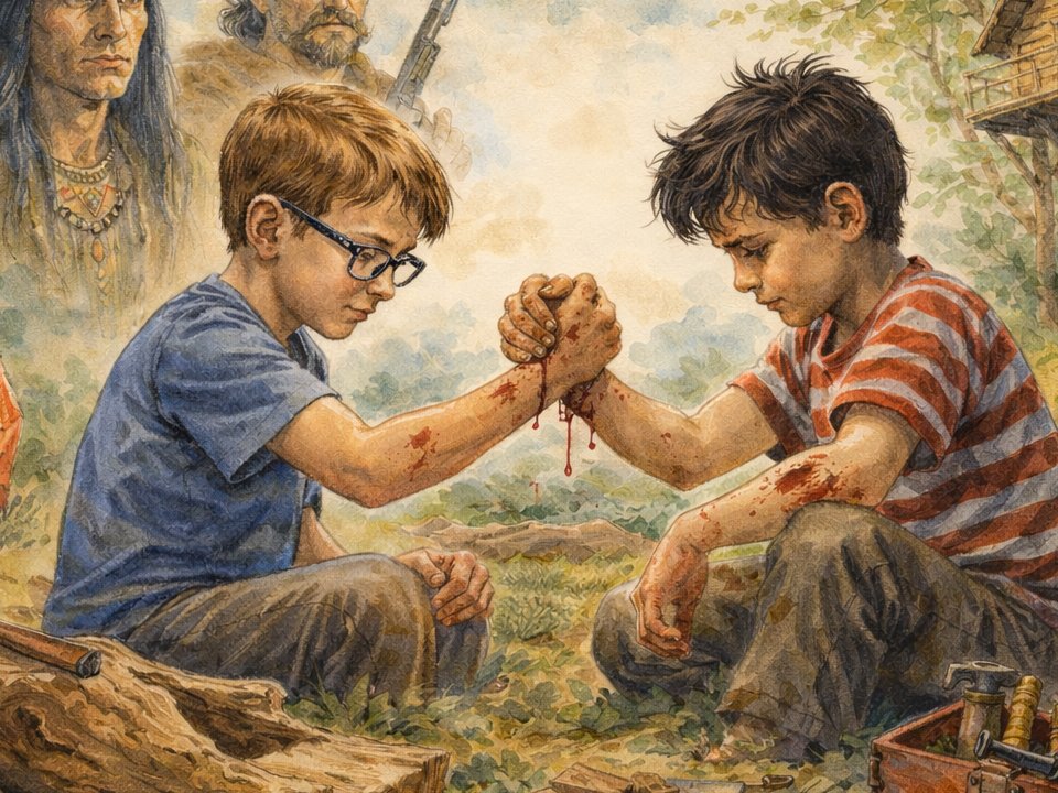 Zwei Jungen sitzen im Freien und ringen mit ausdrucksstarken Gesichtern, ihre Hände und Arme sind blutig - eine düstere Szene, die die Kunst des Scheiterns einfängt. Eine kleine Menschenmenge beobachtet, wie Werkzeuge und Holzbretter in der Nähe im Gras verstreut liegen.