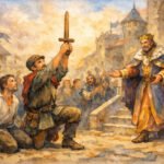 Ein Bauer kniet und bietet dem König in königlichem Gewand ein Schwert an, während ein anderer Mann mit gefesselten Händen neben ihm kniet. Im Hintergrund erscheinen eine jubelnde Menge und Schlossgebäude, die alle Gott vertraut sind.