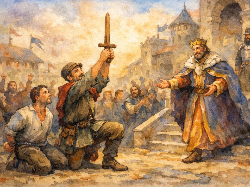 Ein Bauer kniet und bietet dem König in königlichem Gewand ein Schwert an, während ein anderer Mann mit gefesselten Händen neben ihm kniet. Im Hintergrund erscheinen eine jubelnde Menge und Schlossgebäude, die alle Gott vertraut sind. Ein Bauer kniet und bietet dem König in königlichem Gewand ein Schwert an, während ein anderer Mann mit gefesselten Händen neben ihm kniet. Im Hintergrund erscheinen eine jubelnde Menge und Schlossgebäude, die alle Gott vertraut sind.