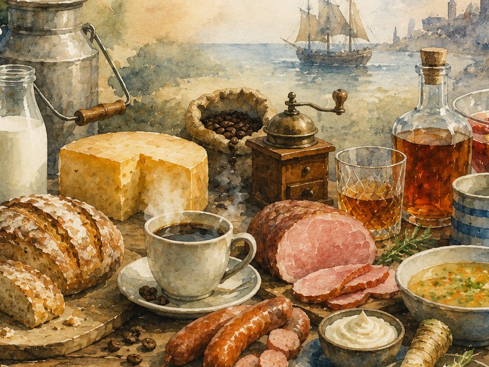 Ein rustikales Frühstück mit Kulinarik mit Sprachgewürz umfasst Brot, Käse, Schinken, Wurst, Suppe, Sahne, Kaffee, Milch, Spirituosen und eine Kaffeemühle auf einem Holztisch am Meer, während im Hintergrund ein Schiff segelt. Ein rustikales Frühstück mit Kulinarik mit Sprachgewürz umfasst Brot, Käse, Schinken, Wurst, Suppe, Sahne, Kaffee, Milch, Spirituosen und eine Kaffeemühle auf einem Holztisch am Meer, während im Hintergrund ein Schiff segelt.