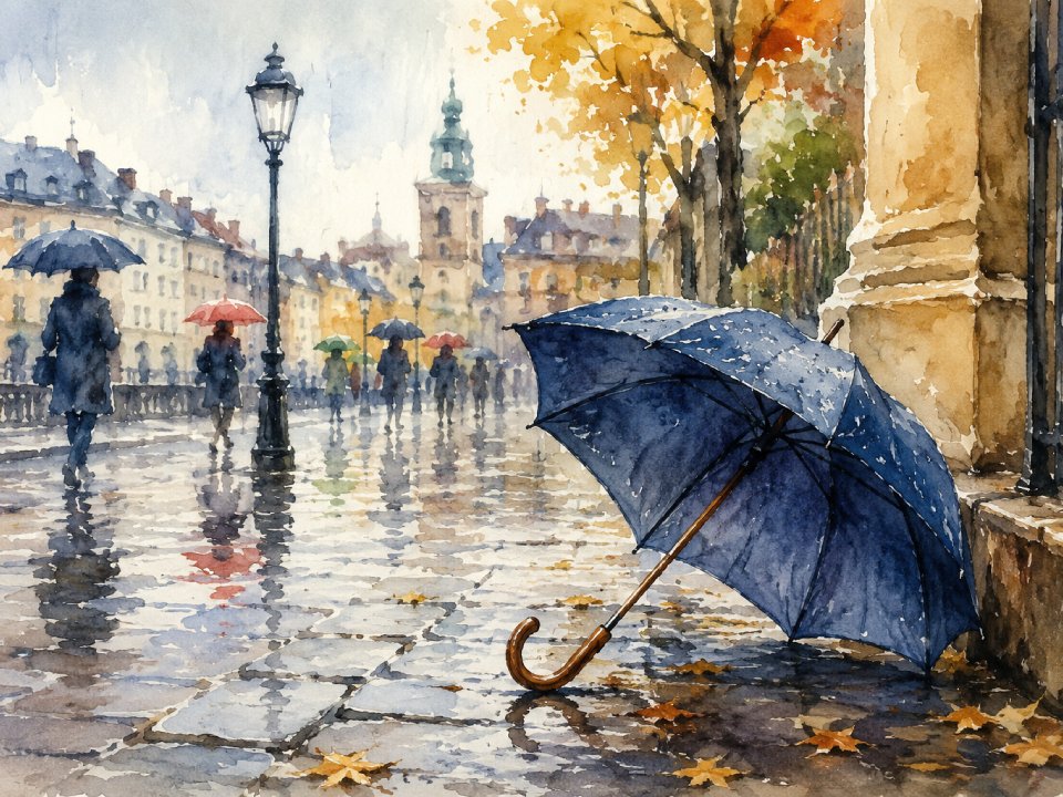 Ein blauer Regenschirm liegt auf dem nassen Bürgersteig neben einem Steingebäude, umgeben von verstreuten Herbstblättern. An einem regnerischen Tag gehen Menschen mit Regenschirmen eine von Bäumen und Laternen gesäumte Stadtstraße entlang. Ein blauer Regenschirm liegt auf dem nassen Bürgersteig neben einem Steingebäude, umgeben von verstreuten Herbstblättern. An einem regnerischen Tag gehen Menschen mit Regenschirmen eine von Bäumen und Laternen gesäumte Stadtstraße entlang.