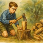Ein Junge mit Brille und blauem Hemd kniet im Freien und hackt mit einer Axt ein kleines Holzstück auf einem Baumstumpf - er lernt die Grundlagen des Heizens mit Holz. In der Nähe liegt ein Stapel gespaltenes Brennholz; im Hintergrund sind üppige Bäume und Grünpflanzen zu sehen.