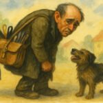 Ein älterer Mann, dessen Gesicht von Schuld und Reue gezeichnet ist, beugt sich mit einem abgenutzten Schulranzen und Werkzeug zu einem kleinen, fröhlich mit dem Schwanz wedelnden Hund in Mitgefühl inmitten von weich gestrichenen Häusern im Hintergrund.