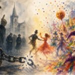 Ein Aquarell zeigt zwei gegensätzliche Szenen: Auf der linken Seite steht eine düstere, graue Menschenmenge in der Nähe einer Kirche und einer angeketteten Figur, die an das Tanzverbot erinnert; auf der rechten Seite tanzen Menschen in bunten Kostümen mit leuchtendem Konfetti und einem lächelnden Narren.