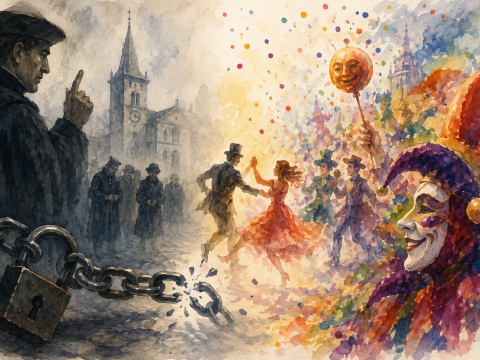 Ein Aquarell zeigt zwei gegensätzliche Szenen: Auf der linken Seite steht eine düstere, graue Menschenmenge in der Nähe einer Kirche und einer angeketteten Figur, die an das Tanzverbot erinnert; auf der rechten Seite tanzen Menschen in bunten Kostümen mit leuchtendem Konfetti und einem lächelnden Narren. Ein Aquarell zeigt zwei gegensätzliche Szenen: Auf der linken Seite steht eine düstere, graue Menschenmenge in der Nähe einer Kirche und einer angeketteten Figur, die an das Tanzverbot erinnert; auf der rechten Seite tanzen Menschen in bunten Kostümen mit leuchtendem Konfetti und einem lächelnden Narren.