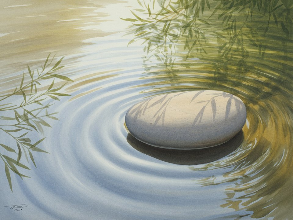 Ein glatter, heller Stein liegt im ruhigen Wasser, umgeben von sanften Wellen und Spiegelungen von grünen Blättern und Sonnenlicht. Die Szene ist friedlich und heiter.