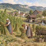Zwei Frauen in traditioneller Kleidung ernten hohe Hanfpflanzen auf einem Feld in der Nähe eines Baches, eines Holzkarren und eines kleinen Dorfes.