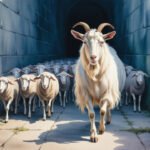 Ein weißer Ziegenbock mit langen Hörnern - der Judasbock - führt eine Schafherde aus einem dunklen Steintunnel ins Sonnenlicht und geht auf einem Steinweg.