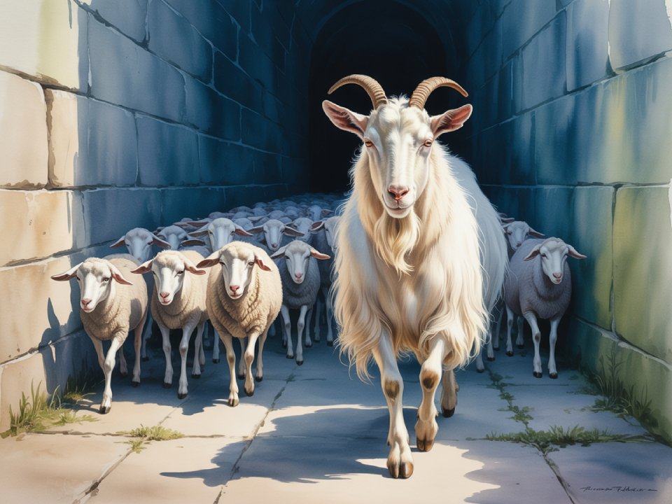 Ein weißer Ziegenbock mit langen Hörnern - der Judasbock - führt eine Schafherde aus einem dunklen Steintunnel ins Sonnenlicht und geht auf einem Steinweg.
