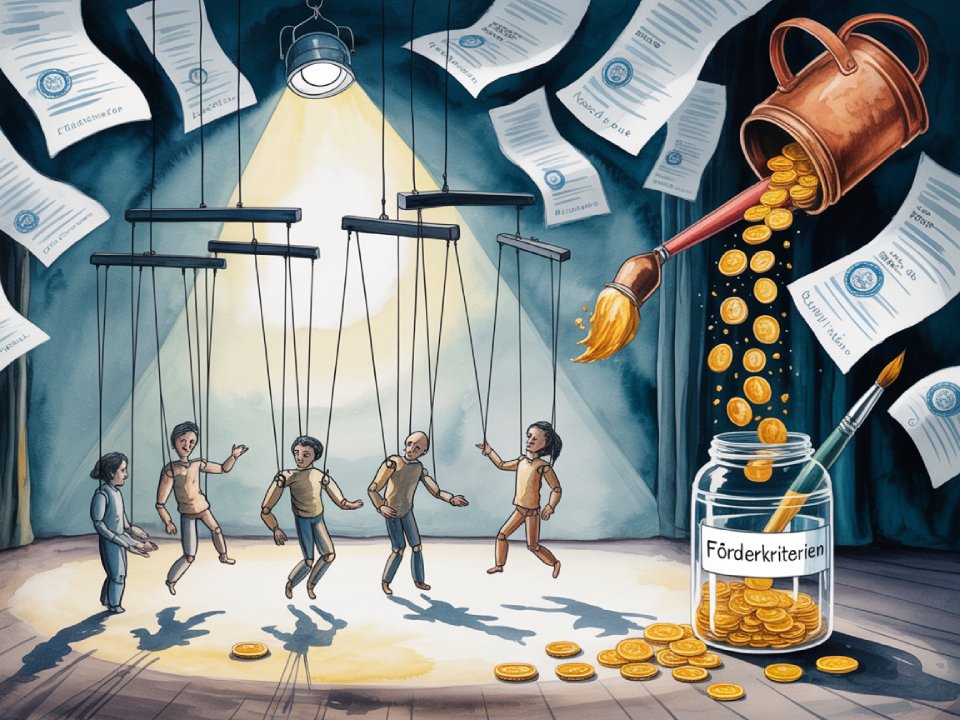 Illustration von Marionetten, die durch Schnüre auf einer Bühne gesteuert werden, mit einer Gießkanne, die Münzen in ein Gefäß mit der Aufschrift Förderkriterien gießt. Offizielle Dokumente schweben in der Luft und fangen das Gefühl von Manipulation und Verwirrung im Förderdschungel ein.