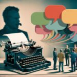 Eine alte Schreibmaschine steht auf einem Tisch, während sich Menschen in der Nähe unterhalten, bunte Sprechblasen verbinden sie - und erinnern uns daran, dass Sprache die Realität formt -, während im Hintergrund eine schemenhafte Gestalt mit einer Zigarre auftaucht.
