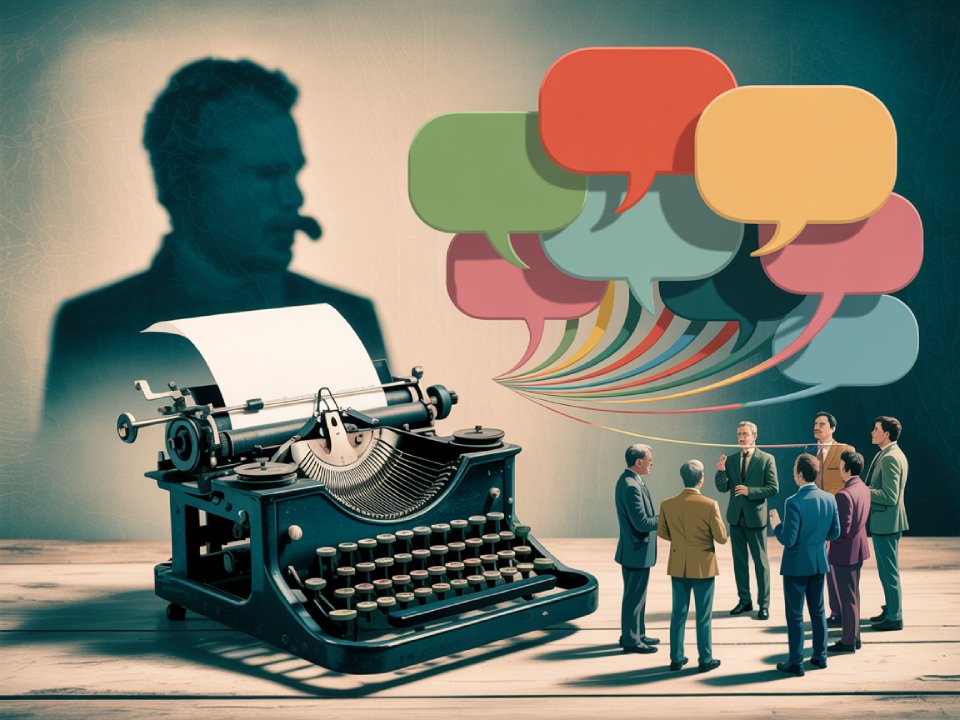 Eine alte Schreibmaschine steht auf einem Tisch, während sich Menschen in der Nähe unterhalten, bunte Sprechblasen verbinden sie - und erinnern uns daran, dass Sprache die Realität formt -, während im Hintergrund eine schemenhafte Gestalt mit einer Zigarre auftaucht.