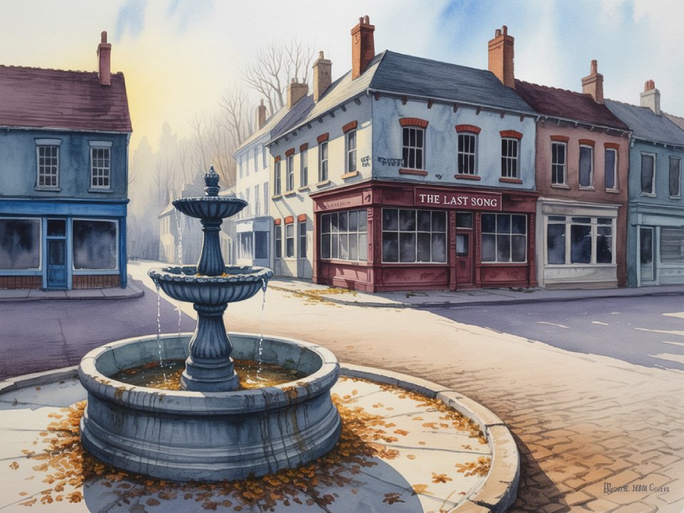Ein ruhiger, leerer Stadtplatz mit einem Steinbrunnen im Vordergrund und verstreutem Laub spiegelt die reiche Kultur der Stadt wider. Auf der anderen Straßenseite steht ein Eckhaus mit einem roten Ladenschild, auf dem "The Last Song" steht.