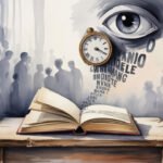 Auf einem Holztisch liegt ein aufgeschlagenes Buch mit schwebenden Buchstaben, die auf ein großes Auge und eine Taschenuhr zulaufen. Ein automatisch gespeicherter Entwurf erscheint zwischen den silhouettierten Menschen im nebligen Hintergrund und vertieft die surreale, traumartige Atmosphäre.