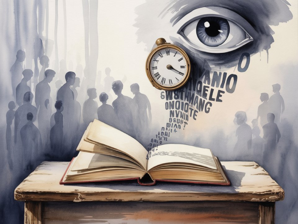 Auf einem Holztisch liegt ein aufgeschlagenes Buch mit schwebenden Buchstaben, die auf ein großes Auge und eine Taschenuhr zulaufen. Ein automatisch gespeicherter Entwurf erscheint zwischen den silhouettierten Menschen im nebligen Hintergrund und vertieft die surreale, traumartige Atmosphäre.
