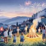 Kinder und Erwachsene versammeln sich bei Sonnenuntergang um ein Lagerfeuer auf einem Hügel und schwenken Schweizer Fahnen für die Bundesfeier. Ein Feuerwerk erhellt den Himmel über einem Dorf und den sanften Bergen und erinnert an Szenen, die Rudolf Münger von dieser festlichen Atmosphäre gemalt haben könnte.