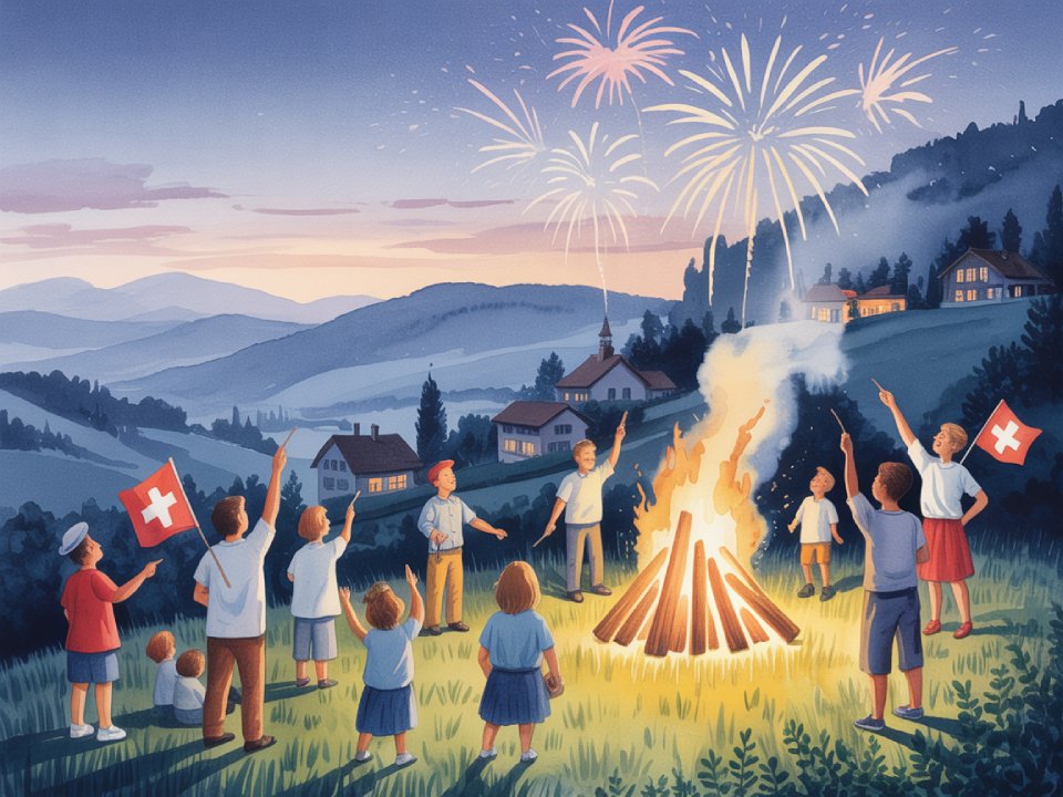 Kinder und Erwachsene versammeln sich bei Sonnenuntergang um ein Lagerfeuer auf einem Hügel und schwenken Schweizer Fahnen für die Bundesfeier. Ein Feuerwerk erhellt den Himmel über einem Dorf und den sanften Bergen und erinnert an Szenen, die Rudolf Münger von dieser festlichen Atmosphäre gemalt haben könnte.