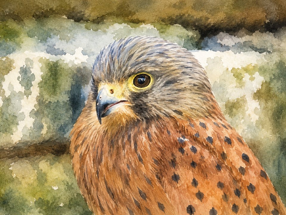 Ein Aquarell in Nahaufnahme, das einen braunen Falken mit dunklen Flecken auf der Brust und gelben Augen zeigt, der vor einem verschwommenen, grünlichen Hintergrund steht – dieses Kunstwerk fängt den Geist von „Ein Jahr als Robinson“ ein und vermittelt die Einsamkeit und Widerstandsfähigkeit, die man in der Wildnis findet. Ein Aquarell in Nahaufnahme, das einen braunen Falken mit dunklen Flecken auf der Brust und gelben Augen zeigt, der vor einem verschwommenen, grünlichen Hintergrund steht – dieses Kunstwerk fängt den Geist von „Ein Jahr als Robinson“ ein und vermittelt die Einsamkeit und Widerstandsfähigkeit, die man in der Wildnis findet.