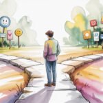Eine Person steht an einer Weggabelung, umgeben von farbenfrohen Schildern mit Pfeilen und Herzen, die auf subtile Weise auf sanfte Lenkung hinweisen - sanfte Führung, die Entscheidungen in einer bunten, cartoonartigen Landschaft trifft.