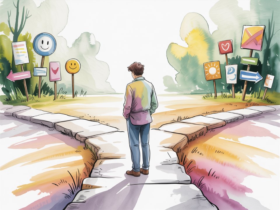 Eine Person steht an einer Weggabelung, umgeben von farbenfrohen Schildern mit Pfeilen und Herzen, die auf subtile Weise auf sanfte Lenkung hinweisen - sanfte Führung, die Entscheidungen in einer bunten, cartoonartigen Landschaft trifft.