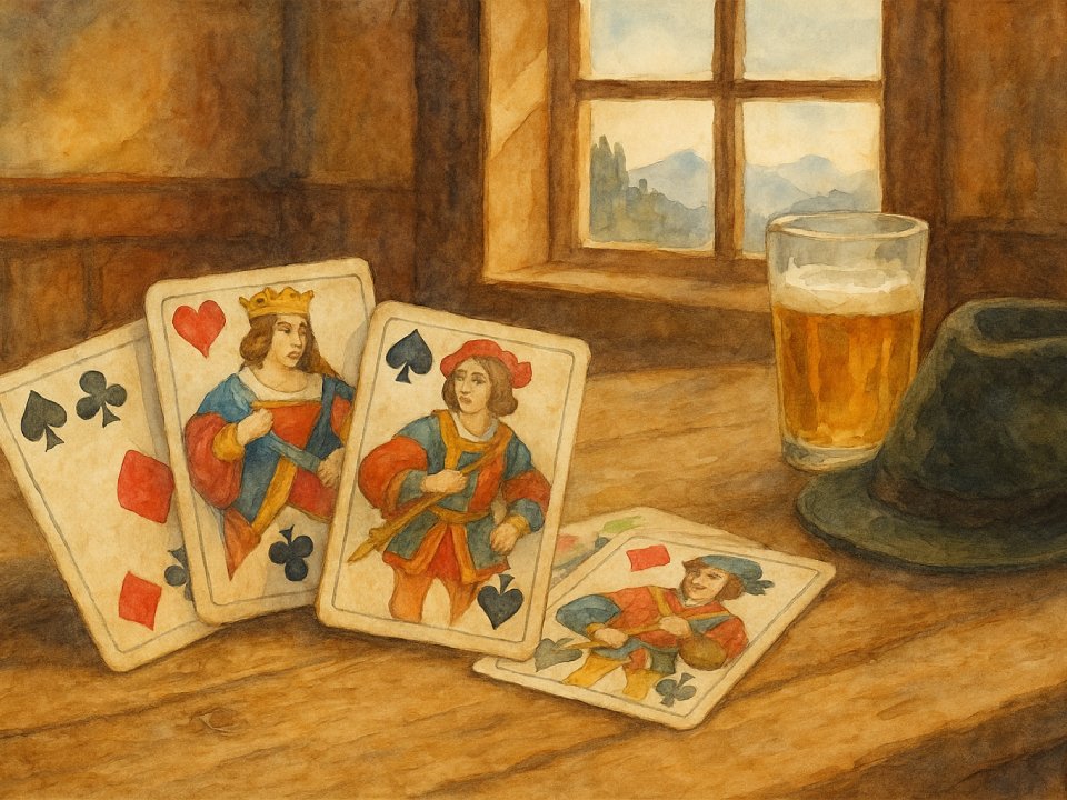 Vier Jasskarten, ein Glas Bier und ein grüner Hut liegen auf einem Holztisch vor einem sonnendurchfluteten Fenster mit Blick nach draußen. Die Szene strahlt einen warmen, alten Charme aus.