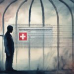 Eine schemenhafte Person steht vor einem vergitterten Käfig mit einer Schweizer Flagge und einem binären Code, der die digitale Gefangenschaft in der Schweiz inmitten der laufenden Abstimmung zur E-ID-Debatte symbolisiert.
