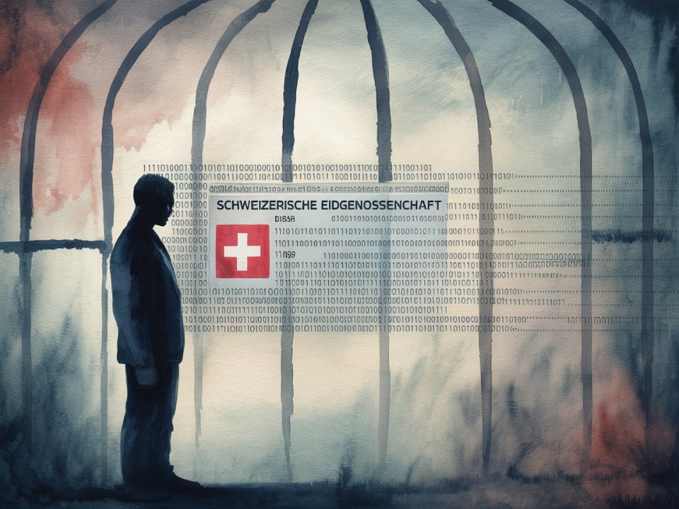 Eine schemenhafte Person steht vor einem vergitterten Käfig mit einer Schweizer Flagge und einem binären Code, der die digitale Gefangenschaft in der Schweiz inmitten der laufenden Abstimmung zur E-ID-Debatte symbolisiert.