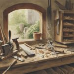 Eine sonnenbeschienene Holzwerkbank ist mit Handwerkzeugen, Holzspänen und Linealen in der Nähe eines offenen Fensters ausgestattet - ein perfekter Ort für kreatives Arbeiten und Schaffen. Draußen ergänzen Grünpflanzen und ein verwitterter Schuppen das helle, rustikale Bild.