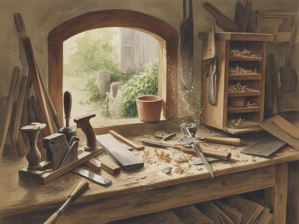 Eine sonnenbeschienene Holzwerkbank ist mit Handwerkzeugen, Holzspänen und Linealen in der Nähe eines offenen Fensters ausgestattet - ein perfekter Ort für kreatives Arbeiten und Schaffen. Draußen ergänzen Grünpflanzen und ein verwitterter Schuppen das helle, rustikale Bild.