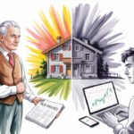 Ein älterer Mann, der eine Zeitung mit der Aufschrift Alte Werte in der Hand hält, steht neben einem bunten Haus, während ein jüngerer Mann mit einem Laptop, auf dem Aktiencharts abgebildet sind, neben einem Haus mit Graustufen sitzt, was die Unterschiede zwischen den Generationen und ein subtiles Boomer-Bashing symbolisiert.