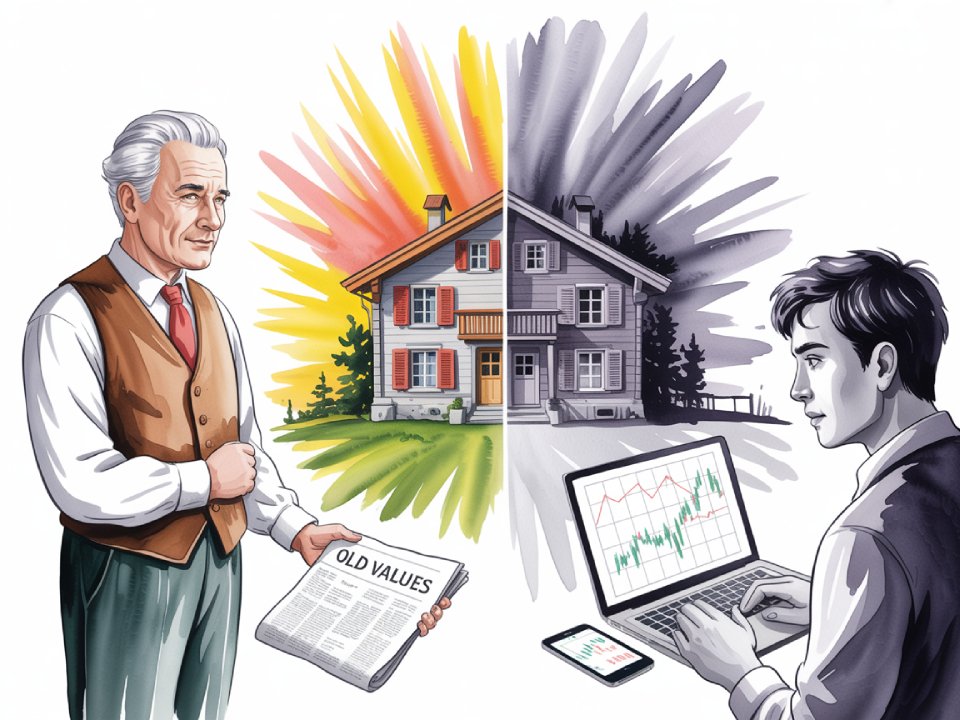 Ein älterer Mann, der eine Zeitung mit der Aufschrift Alte Werte in der Hand hält, steht neben einem bunten Haus, während ein jüngerer Mann mit einem Laptop, auf dem Aktiencharts abgebildet sind, neben einem Haus mit Graustufen sitzt, was die Unterschiede zwischen den Generationen und ein subtiles Boomer-Bashing symbolisiert. Ein älterer Mann, der eine Zeitung mit der Aufschrift Alte Werte in der Hand hält, steht neben einem bunten Haus, während ein jüngerer Mann mit einem Laptop, auf dem Aktiencharts abgebildet sind, neben einem Haus mit Graustufen sitzt, was die Unterschiede zwischen den Generationen und ein subtiles Boomer-Bashing symbolisiert.