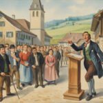Ein Mann in der Kleidung des 19. Jahrhunderts, vielleicht ein Haudegen Bruhin oder Schwyzer, spricht leidenschaftlich von einem Podium aus zu den Dorfbewohnern, die sich auf einer Kopfsteinpflasterstrasse im Baselbiet versammelt haben, mit traditionellen Häusern und einem Kirchturm im Hintergrund.