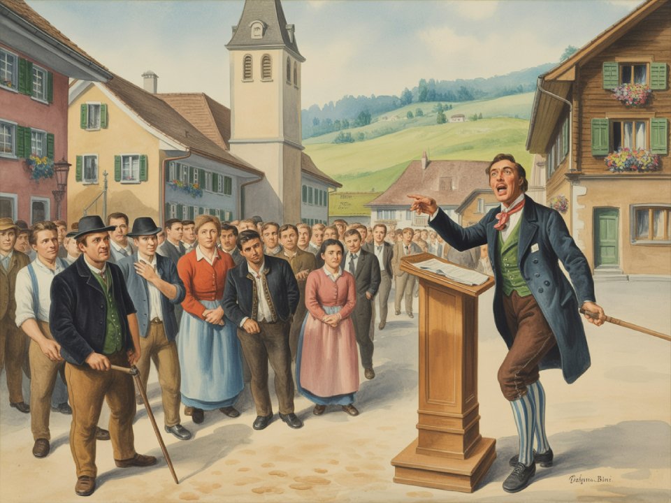 Ein Mann in der Kleidung des 19. Jahrhunderts, vielleicht ein Haudegen Bruhin oder Schwyzer, spricht leidenschaftlich von einem Podium aus zu den Dorfbewohnern, die sich auf einer Kopfsteinpflasterstrasse im Baselbiet versammelt haben, mit traditionellen Häusern und einem Kirchturm im Hintergrund. Ein Mann in der Kleidung des 19. Jahrhunderts, vielleicht ein Haudegen Bruhin oder Schwyzer, spricht leidenschaftlich von einem Podium aus zu den Dorfbewohnern, die sich auf einer Kopfsteinpflasterstrasse im Baselbiet versammelt haben, mit traditionellen Häusern und einem Kirchturm im Hintergrund.