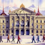 Vor schneebedeckten Bergen steht ein großes Regierungsgebäude, dessen Fassade von einem großen Riss durchzogen ist. Menschen in Geschäftskleidung gehen vorbei, jeder hält ein leeres Schild in der Hand, das inmitten des stillen Protests an die fragile Wirklichkeit der Demokratie erinnert.