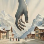 Eine riesige Hand, das Symbol der Schattenmacht, schwebt über einem verschneiten Bergdorf und wirft ihren Schatten auf die Häuser und die Menschen auf der Straße, die von dramatischen Gipfeln unter einem strahlenden Himmel umgeben sind.