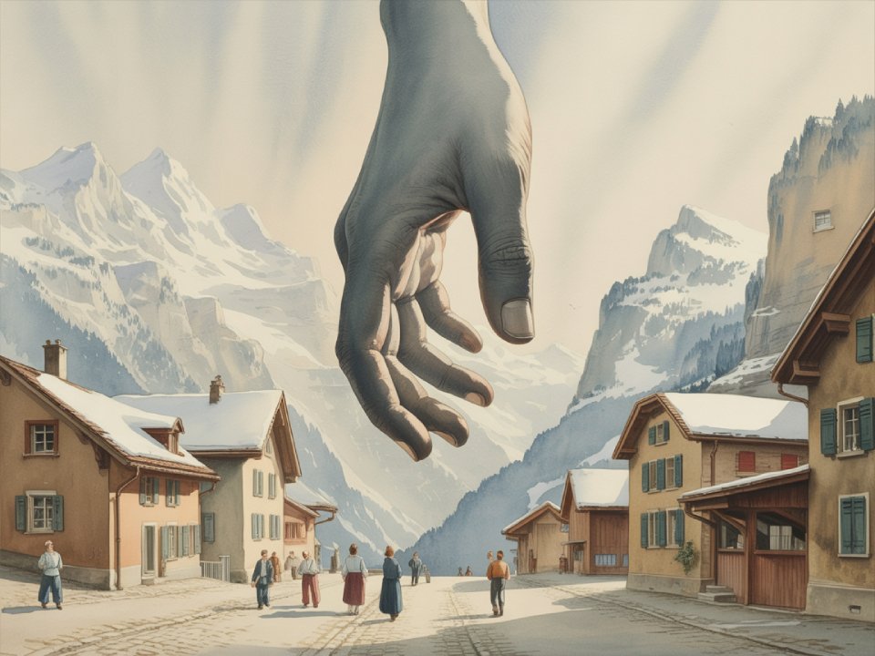 Eine riesige Hand, das Symbol der Schattenmacht, schwebt über einem verschneiten Bergdorf und wirft ihren Schatten auf die Häuser und die Menschen auf der Straße, die von dramatischen Gipfeln unter einem strahlenden Himmel umgeben sind.