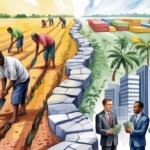 Die Illustration ist in zwei Hälften geteilt: Auf der linken Seite betreiben Menschen Landwirtschaft mit Handwerkzeugen; auf der rechten Seite tauschen Geschäftsleute in Anzügen Geld in der Nähe moderner Gebäude und Schiffscontainer. Eine rissige Wand trennt diese Szenen und spiegelt die Auswirkungen der Entwicklungshilfe wider.