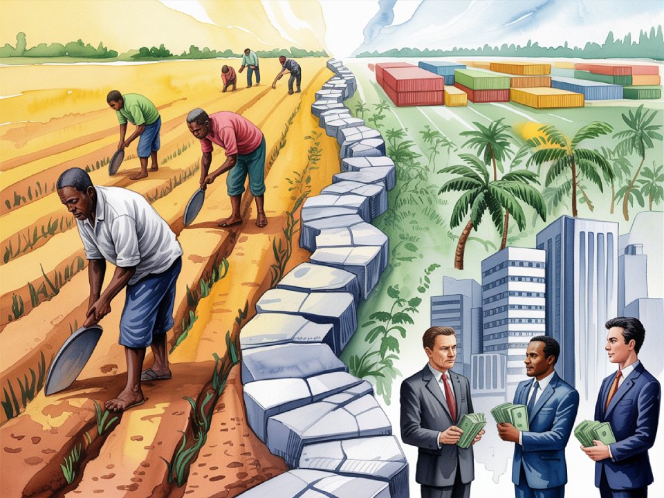 Die Illustration ist in zwei Hälften geteilt: Auf der linken Seite betreiben Menschen Landwirtschaft mit Handwerkzeugen; auf der rechten Seite tauschen Geschäftsleute in Anzügen Geld in der Nähe moderner Gebäude und Schiffscontainer. Eine rissige Wand trennt diese Szenen und spiegelt die Auswirkungen der Entwicklungshilfe wider.